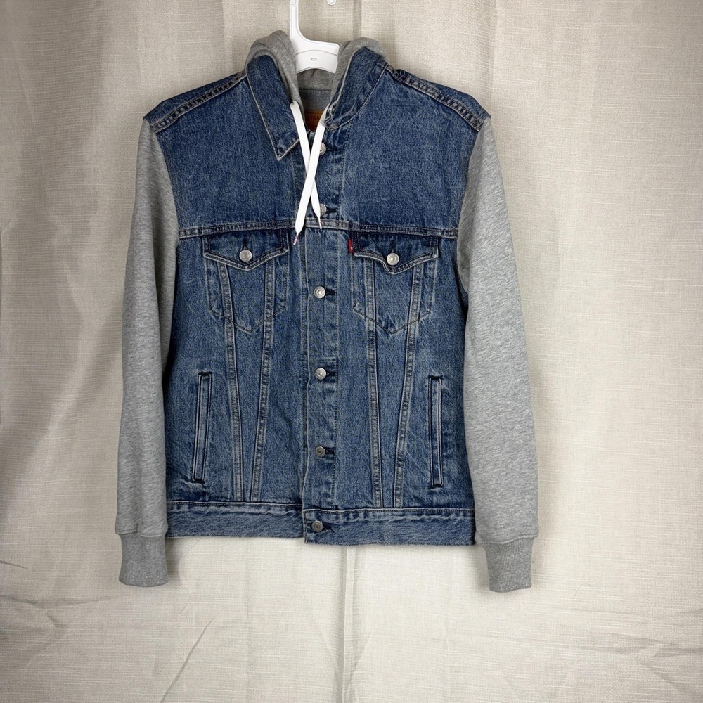 Levis Varsity Jacket Mens Medium Blue Denim Hooded Trucker Sweatshirt Hoodie